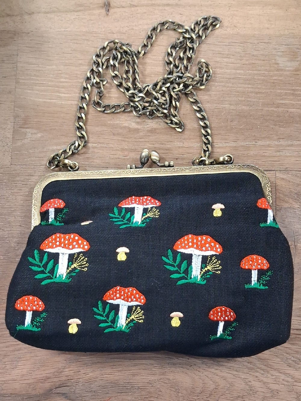 Black Embroidered Mushroom Chain-Handle Crossbody Bag